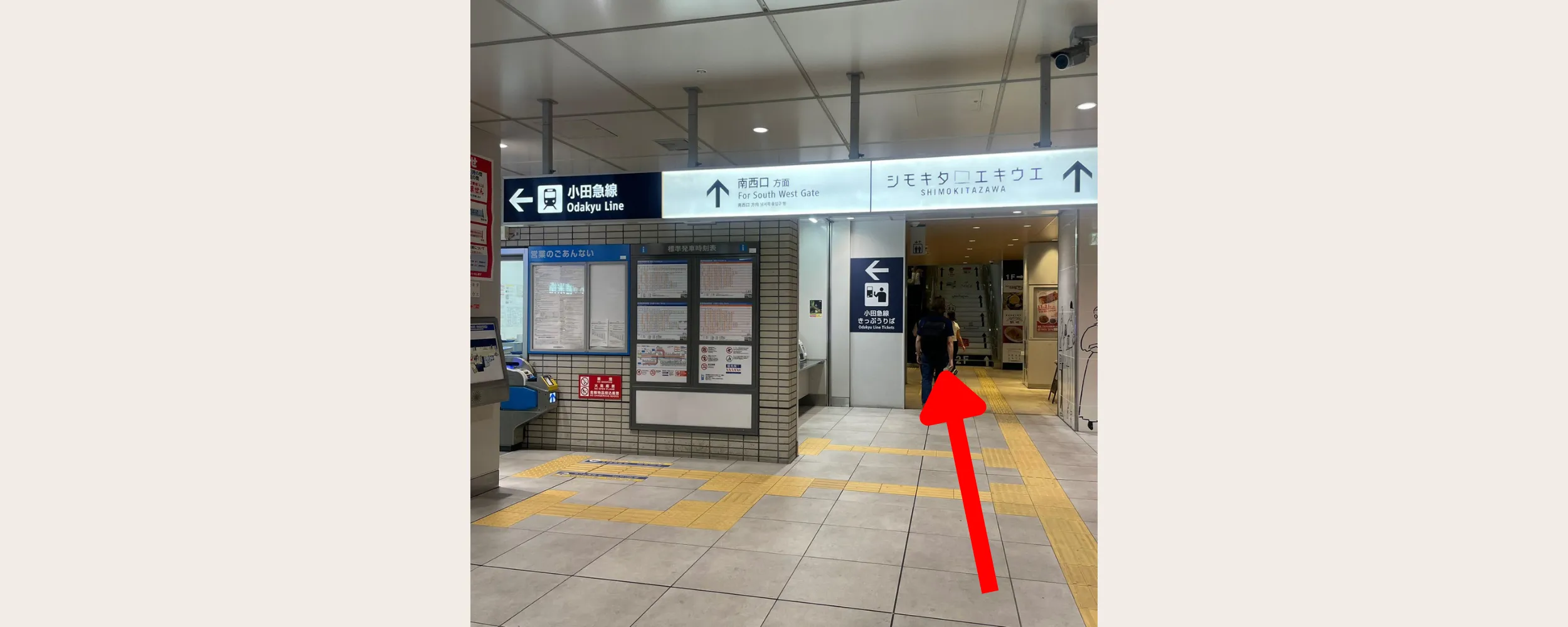 小田急線の改札を出て「シモキタ□エキウエ」「南西口方面」の案内板に沿って直進する様子（矢印は進行方向）
